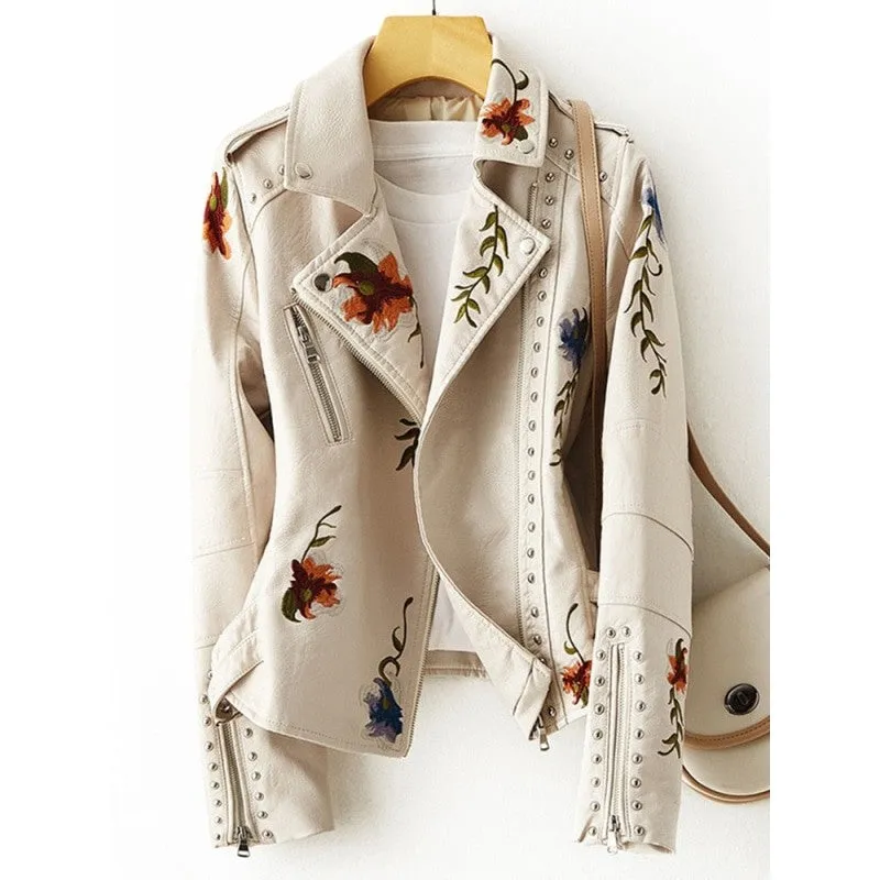 Women's Synthetic Leather Retro Punk Style Rivet Floral Printed Jacket