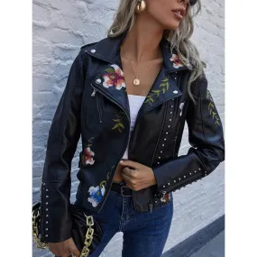 Women's Synthetic Leather Retro Punk Style Rivet Floral Printed Jacket