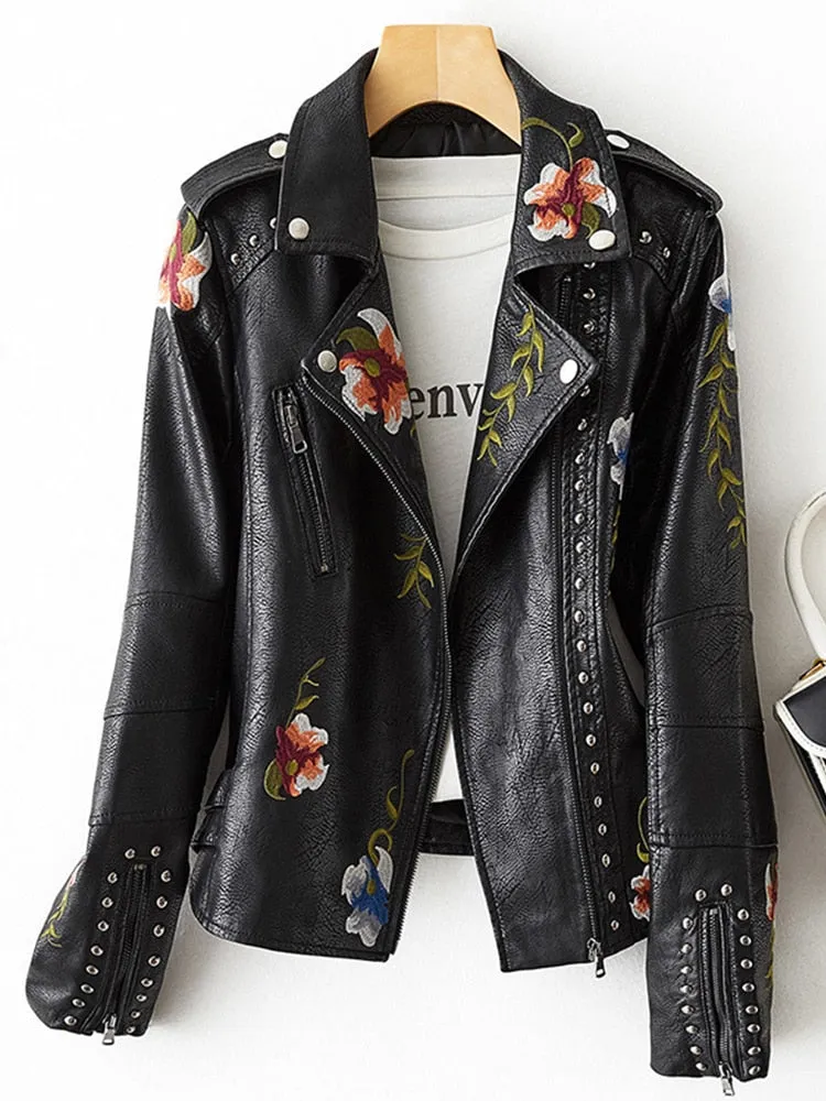 Women's Synthetic Leather Retro Punk Style Rivet Floral Printed Jacket