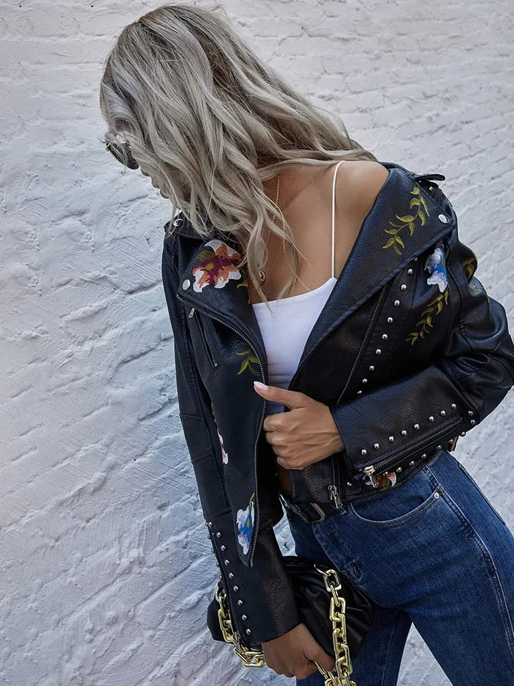 Women's Synthetic Leather Retro Punk Style Rivet Floral Printed Jacket