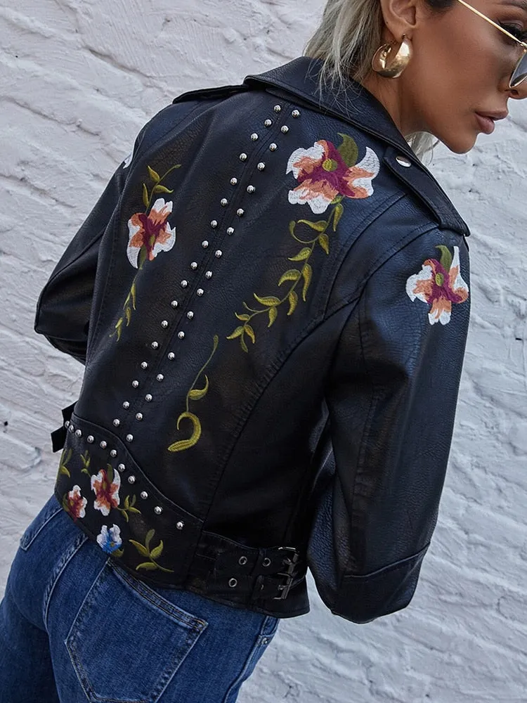 Women's Synthetic Leather Retro Punk Style Rivet Floral Printed Jacket