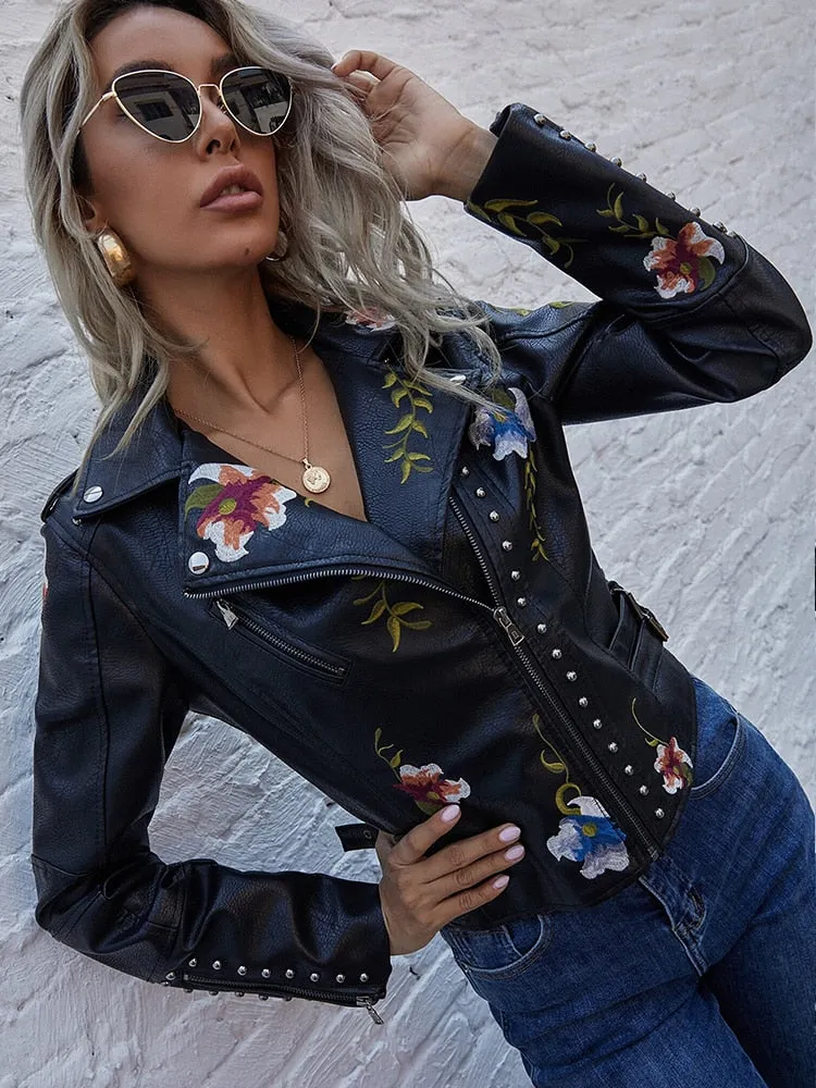 Women's Synthetic Leather Retro Punk Style Rivet Floral Printed Jacket