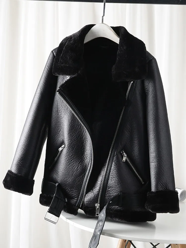 Women's Thick Faux Leather Fur Sheepskin Aviator Casaco Jacket