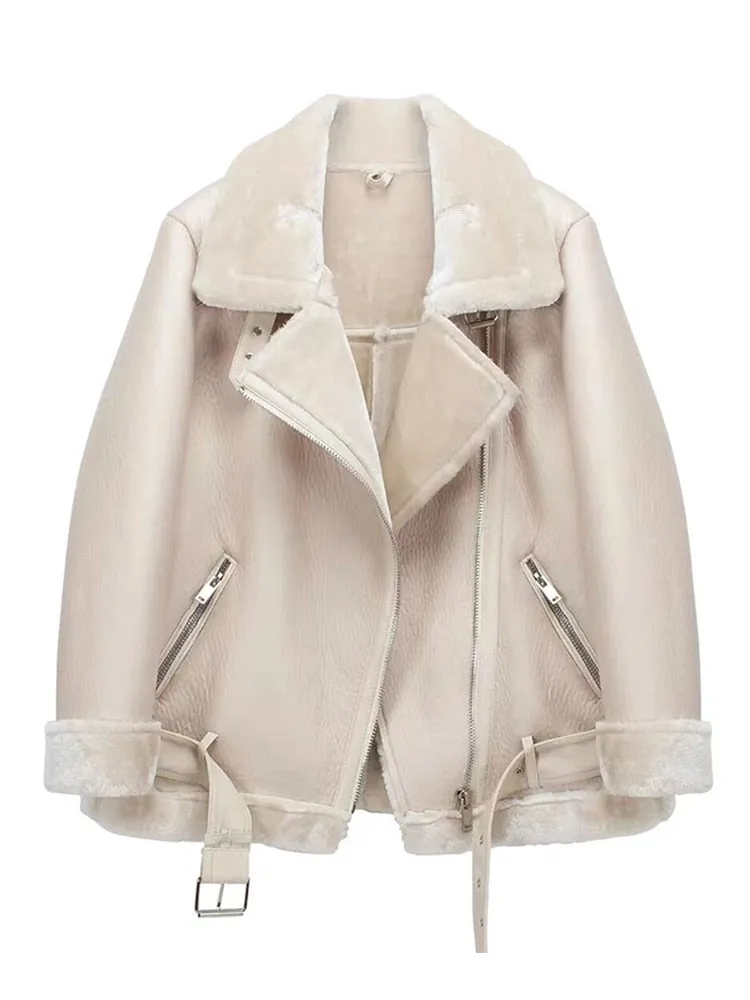 Women's Thick Faux Leather Fur Sheepskin Aviator Casaco Jacket