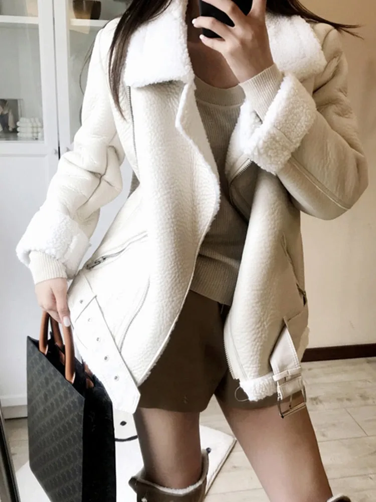 Women's Thick Faux Leather Fur Sheepskin Aviator Casaco Jacket