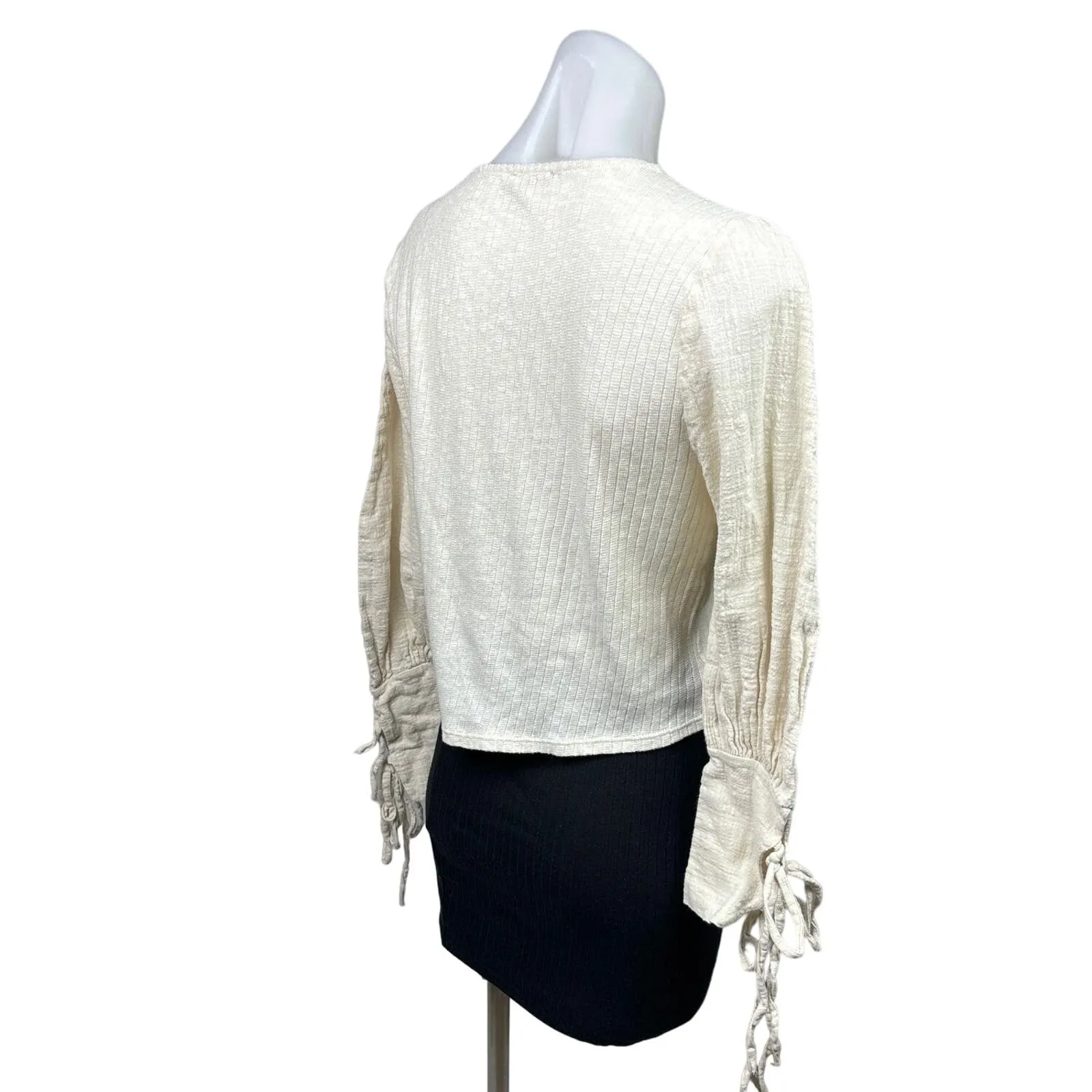 Zara Womens White Cream Ribbed Tie Balloon Sleeve Crop Pullover Sweater Size S