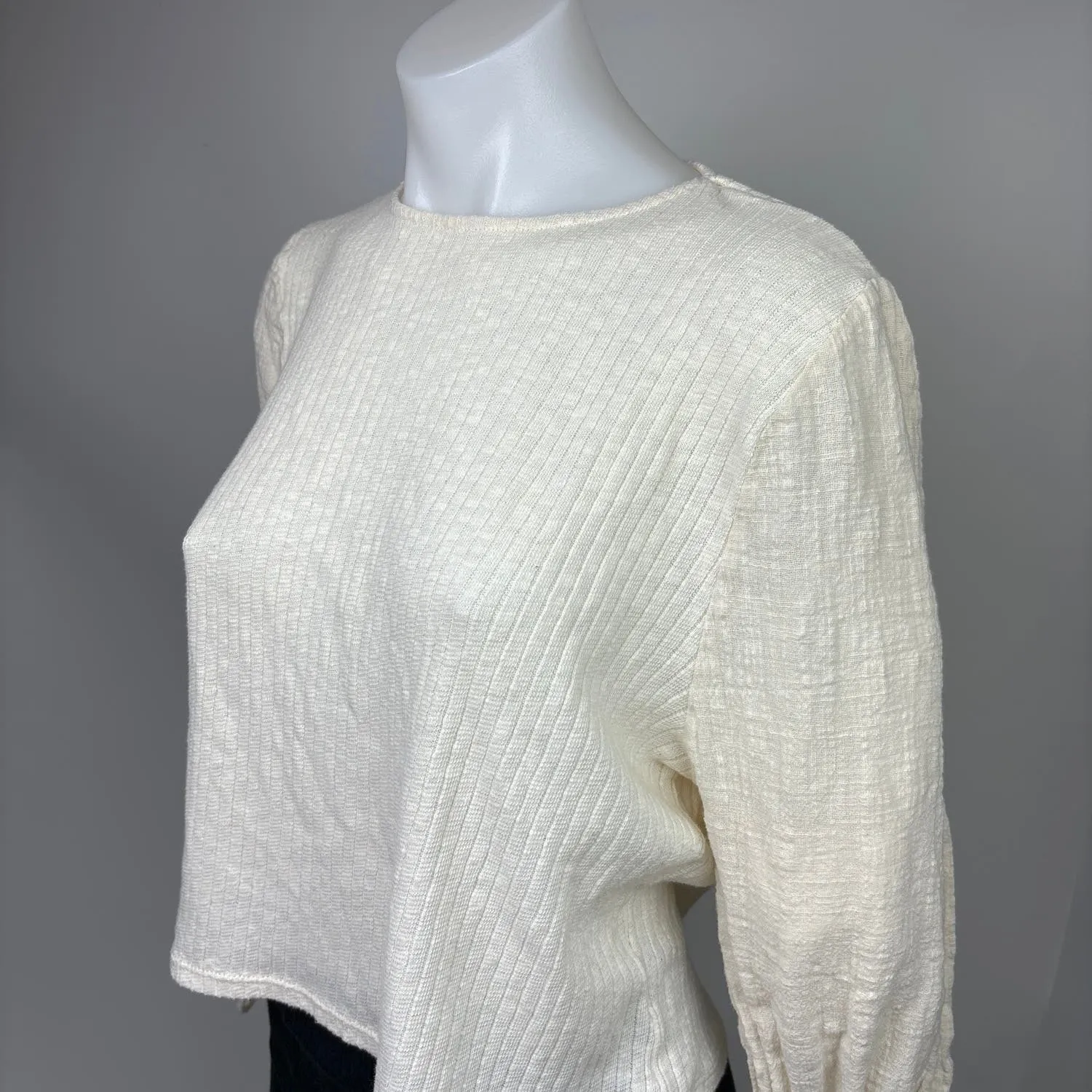 Zara Womens White Cream Ribbed Tie Balloon Sleeve Crop Pullover Sweater Size S