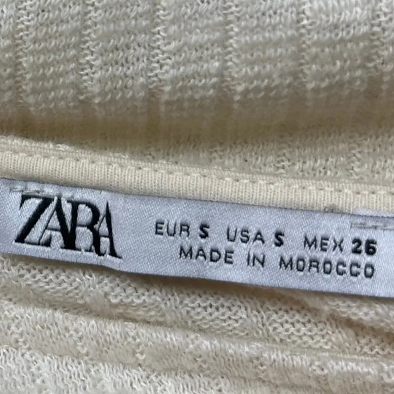 Zara Womens White Cream Ribbed Tie Balloon Sleeve Crop Pullover Sweater Size S